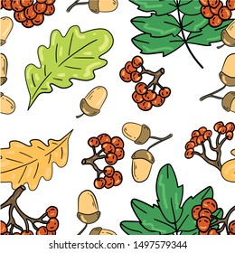 Seamless vector pattern with rowan, oak leaf and acorn on white background. Wallpaper, fabric and textile design. Cute wrapping paper pattern with autumn elements. Good for printing.