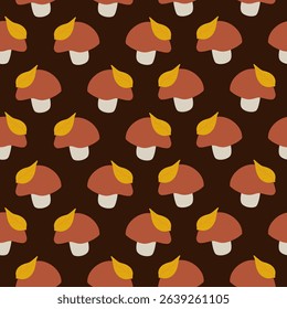 Seamless vector pattern of rows of cartoon mushrooms with brown caps, white stems, and yellow leaves on a solid dark brown background. Ideal for autumn-themed designs.