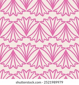 Seamless vector pattern with rows of pink geometric fan shaped flower outlines, textile, background
