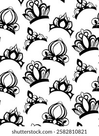 Seamless vector pattern with royal crowns. Elegant black and white design for luxury packaging, textiles, wallpapers, and invitations. Hand-drawn style with intricate ornamental details.