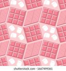 Seamless vector pattern with ruby chocolate, graham crackers, and white marshmallow s’mores ingredients on a pink background. Fun Valentine’s Day food illustration for gift wrap, paper goods, fabric.