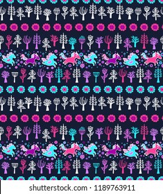Seamless vector pattern with running cartoon horses, fantasy christmas forest