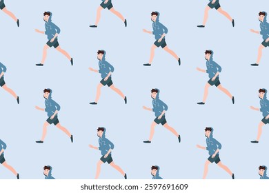 Seamless vector pattern of running men in modern flat style. Ideal for active lifestyle themes, sportswear prints, and health-related design projects.
