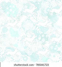 Seamless vector pattern with running rabbits on white background
