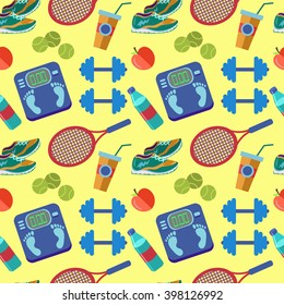 Seamless vector pattern with running shoes, racket for tennis, apple, drink, dumbbells