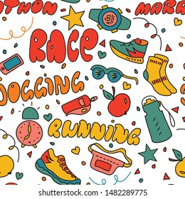 Seamless vector pattern with running theme elements in doodle style. Concept for running club invitations, sport poster prints, flyers, fabric and wrapping paper, surface textures.