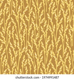 Seamless vector pattern with rye texture on beige background. Decorative golden meadow wallpaper design. Yellow corn field fashion textile.