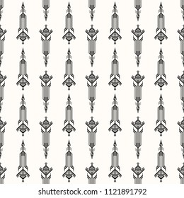 Seamless vector pattern. Sacred geometry. Graphic illustration of a totemic arrow of the shaman. Triangular symbol. Secret symbol of geometry. Alchemy; religion; spirituality. Vector background.
