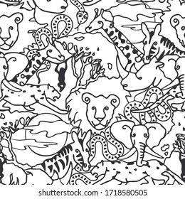 Seamless vector pattern safari animal line art on white background. Simple African one line sketch art wallpaper design.