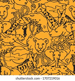 Seamless vector pattern with safari animals on yellow background. African line art wallpaper for children. Simple tropical animal fashion, textile, fabric.