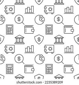 Seamless vector pattern of safe, progress bar, dollar, money, calculator, bank, pie chart. Suitable for web sites, apps, covers, wrapping