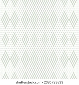 Seamless vector pattern with sage green and white geometric lines, rhombuses, stripes. Abstract background texture with retro chevron, lattice. Simple repeat ornament for fabric, decor, wallpaper