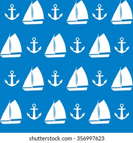 Seamless vector pattern of sailboat and anchor shape, texture for printing, background,. white and blue colors.