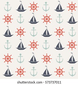 Seamless vector pattern of sailboat, steering wheel and anchor shape, texture for printing, background, retro colors.