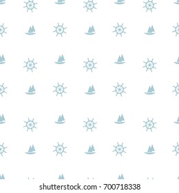 Seamless vector pattern of sailboat and steering wheel texture for printing, wallpaper, cards, clothes, textiles. Marine abstract background in navy blue and white colors.