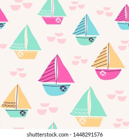 Seamless vector pattern with sailboats in cute colors.
