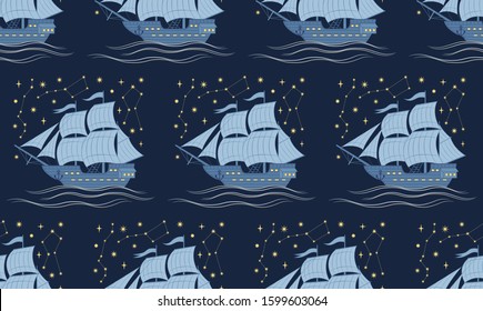 Seamless vector pattern with sailboats and stars. Can be used for graphic design, textile design or web design.