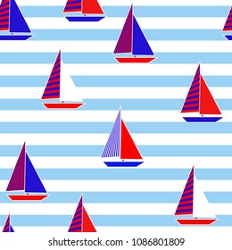 Seamless vector pattern with sailing boats on striped background. Flat illustration design,  Marine pattern for wrapping paper, for fabric or for background 