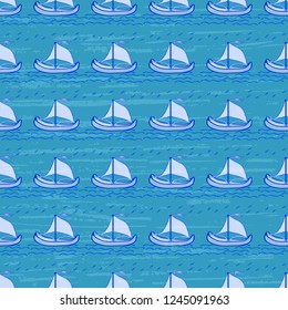 Seamless vector pattern with a sailing ship and birds, on the waves on a turquoise background. Marine illustrations, textured, handmade, artistic. Beautiful tiles, wrapping, textiles, cards, wallpaper