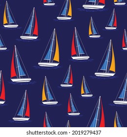 Seamless vector pattern sailing yachts on sea waves,Sailing boat with navy Background