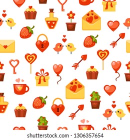 Seamless vector pattern for the Saint Valentine's Day with hearts, envelope, cup, birds, flowers, arrow, lock, balloon, candy, cake, gift, strawberry, key, bottle. Bright wedding wrapping paper