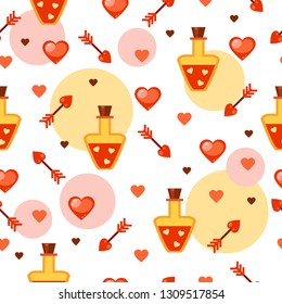 Seamless vector pattern for the Saint Valentine's Day with red and yellow hearts, arrows, bottles and spots. Bright wedding wrapping paper