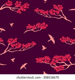 Seamless vector pattern of sakura tree. Texture with twigs of a tree and birds.