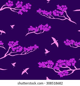 Seamless vector pattern of sakura tree. Texture with twigs of a tree and birds.