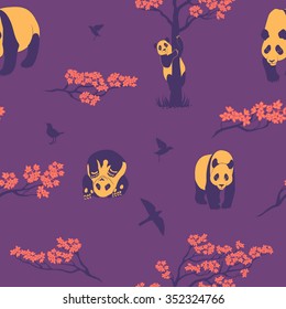 Seamless vector pattern of sakura tree and panda. Texture with twigs of a tree, birds and animals.