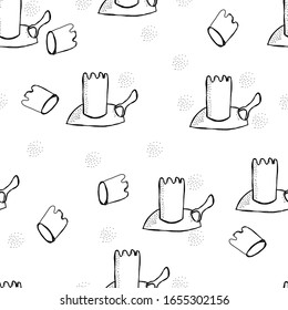 Seamless vector pattern of sand castle, shovel and mold. Hand draw Illustration in doodle style.  Marine and summer theme for baby, boy textile and cover.