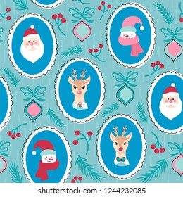 Seamless vector pattern with Santa Claus, snowman and deer.