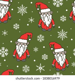 Seamless vector pattern with Santa Claus on green background. Simple Christmas wallpaper design for children. Winter elf fashion textile.
