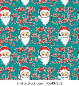 Seamless vector pattern with Santa Claus and Merry Christmas lettering design. Merry Christmas and Happy New Year background. Beautiful winter backdrop. Inscription about Xmas 2017.Cartoon Santa.