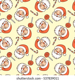 Seamless vector pattern with Santa Claus, lollipops and sugar canes.