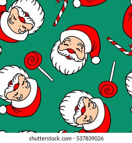 Seamless vector pattern with Santa Claus, lollipops and sugar canes.