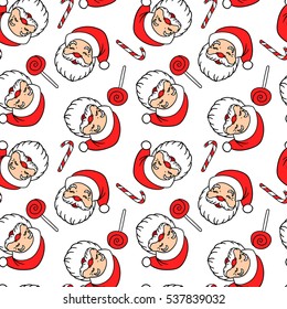 Seamless vector pattern with Santa Claus, lollipops and sugar canes.