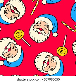 Seamless vector pattern with Santa Claus, sweets, sugar canes.