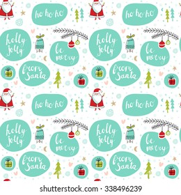 Seamless vector pattern with Santa, trees, jingle bells, Christmas decorations, and gifts. Creative Hand Drawn textures for winter holidays. Bright colors.