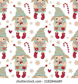 Seamless vector pattern with Santa's helpers elves, gifts with bows, snowflakes in a modern simple style. Blue, red, beige and craft colors, new year illustration. Square repeating pattern 