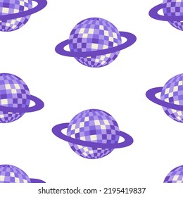 Seamless vector pattern with saturn disco balls. Vector flat background. Party, celebration, cosmic, psychedelic, hippie concept.
