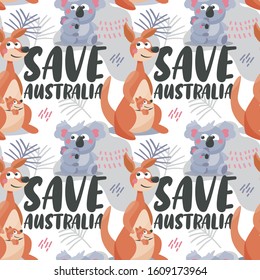 Seamless vector pattern Save Australia with Koala Bears and Kangaroo, leaves