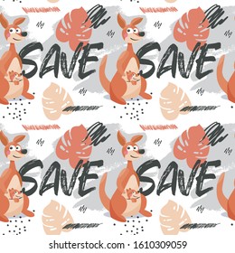 Seamless vector pattern Save Australia with Kangaroo, leaves