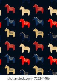 Seamless vector pattern with scandinavian christmas  dala horses on dark background