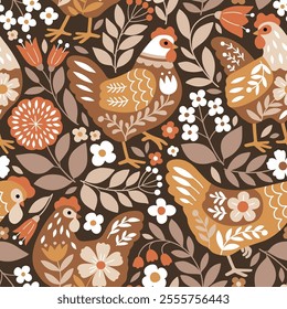 Seamless vector pattern with Scandinavian floral hen and summer flowers. Hand drawn floral background with chickens. Perfect for textile, wallpaper or nursery print design. EPS10 vector file.