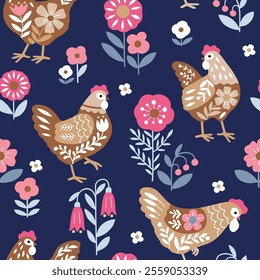 Seamless vector pattern with Scandinavian floral hen and summer flowers. Hand drawn floral background with chickens. Perfect for textile, wallpaper or nursery print design. EPS10 vector file.