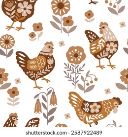 Seamless vector pattern with Scandinavian floral hen and summer flowers. Hand drawn floral background with chickens. Perfect for textile, wallpaper or nursery print design. EPS10 vector file.