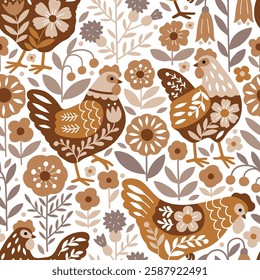 Seamless vector pattern with Scandinavian floral hen and summer flowers. Hand drawn floral background with chickens. Perfect for textile, wallpaper or nursery print design. EPS10 vector file.