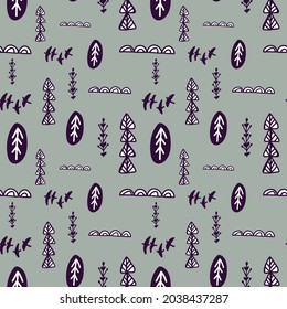 Seamless vector pattern in scandinavian minimalist style with trees and other nature elements. Wallpaper, scrapbooking, textie and other surface design. 