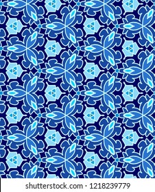 Seamless vector pattern with Scandinavian ornament and trefoil knot in blue colors. Hand-drawn seamless pattern.