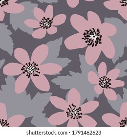 Seamless vector pattern in Scandinavian style with pink flowers andgrey leaves on grey background.